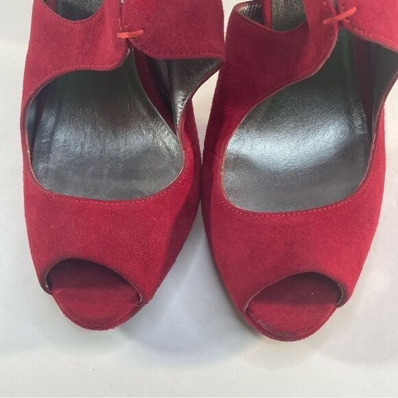 Miu Miu Red Suede Peep Toe Slingback Platform Sandals Size 38.5 Cone Heels - Picture 2 of 12